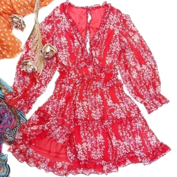 Red Pink Floral Boho Gorgeous Keyhole Back Dress Size M - Picture 1 of 14